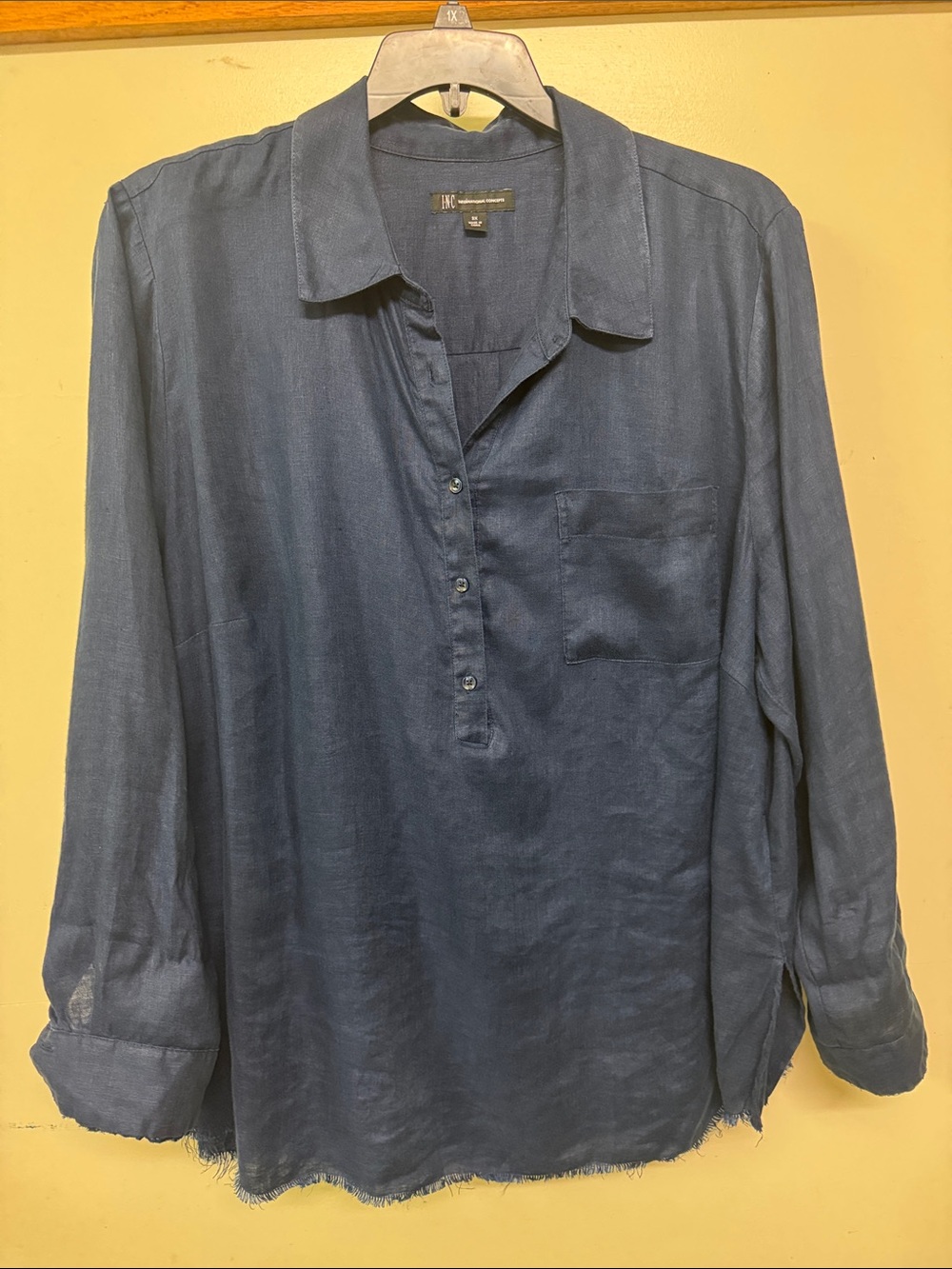 INC International Concepts Navy Button-Front Pullover Linen Blouse